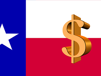 Texas flag overlaid with a dollar symbol