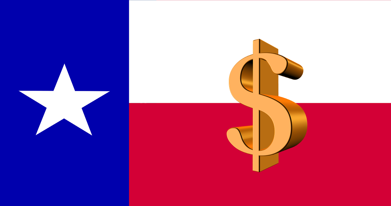 Texas flag overlaid with a dollar symbol